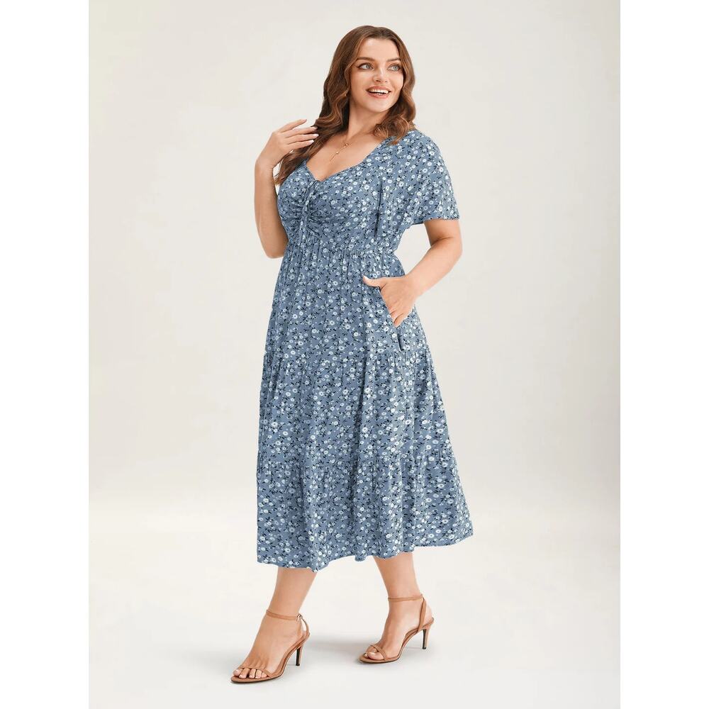Plus Size 30 6X Bloomchic Floral Midi Dress Flutter Short Sleeve with Pocket
